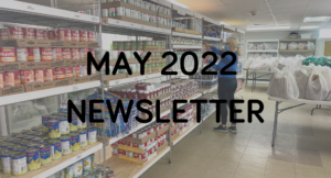 May 2022 newsletter poster with a girl picking groceries image