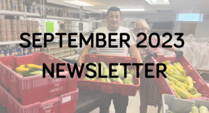 Two volunteers organizing food donations for a september 2023 newsletter feature.