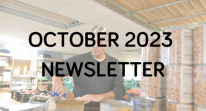 A volunteer working in a food bank with a "october 2023 newsletter" text overlay.