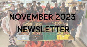 Community members gather around fresh produce for the november 2023 newsletter photo.