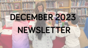 A librarian interacting with children at a book event, with a text overlay "december 2023 newsletter.